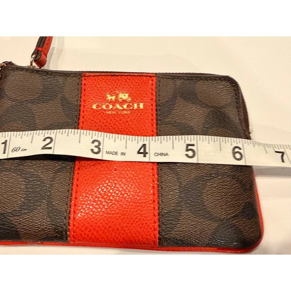 Coach Signature Brown and Orange Stripe Corner Zip Wristlet Small Bag